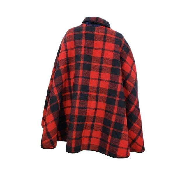 Vintage Reversible Poncho Cape Red Blue Plaid Blanket Cape Jacket Womens OS - Picture 4 of 5